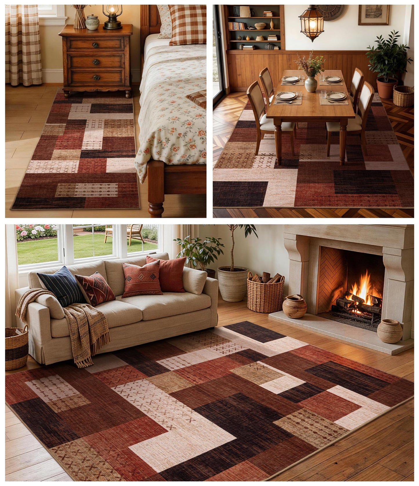 YIHOUSE Brown Modern 5x7 Area Rugs for Living Room, Washable Geometric Patchwork Rug for Bedroom Playroom Non Slip Low Pile, Southwestern Rustic Throw Carpet for Entryway Home Office