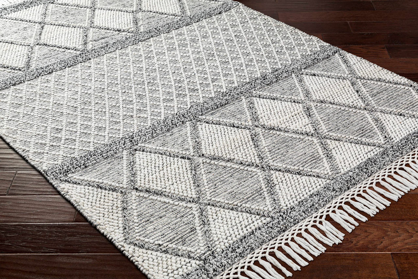 Hauteloom Rehn Recycled Material Area Rug - Geometric Diamond Trellis Striped Triangle - Bohemian Transitional Boho Moroccan Tribal - White, Black, Light Slate, Gray, Cream - 27" x 45"