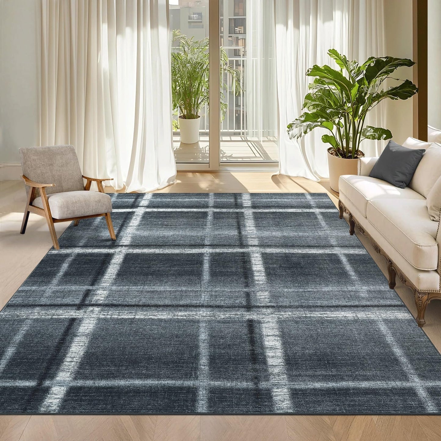 COZYLOOM Large Area Rug Washable 10x13 Modern Plaid Living Room Rug Soft Non Slip Low Pile Indoor Carpet Stain Resistant Farmhouse Tartan Accent Carpet for Bedroom Playroom, Black Grey
