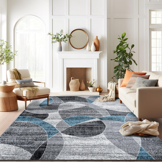 Rugshop Blue Large Abstract Circles Non-Shedding Area Rug, for Living Room, Dining Room and Open Spaces, 7'10" x 10'