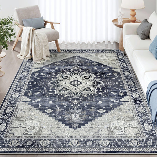 ARKIIKI 5x7 Washable Area Rug for Living Room, Non-Slip Soft Boho Vintage Medallion Carpet, Low Pile Distressed Rugs for Bedroom, Dining Room, Home Office, Dorm, Indoor Decor, Navy Blue