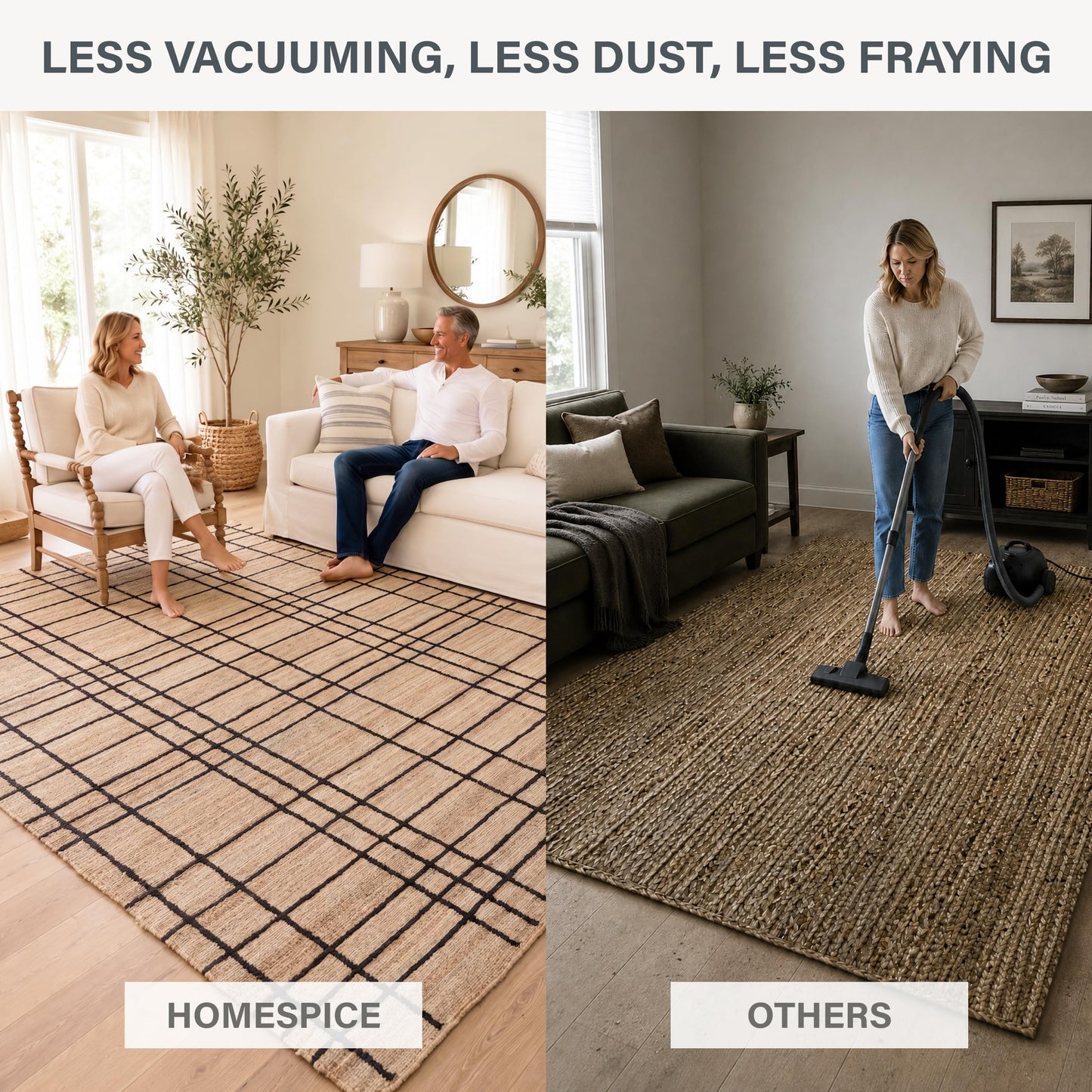 Homespice Nell Jute Plaid Area Rug 4x6' - Cotton Backed Premium Handmade Jute Geometric Area Rug for Bedroom and Office, Lays Flat, Won't Fray or Shed, Rich Natural Brown & Black Windowpane