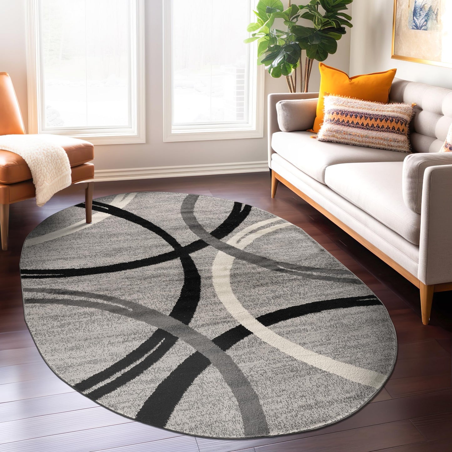 Rugshop Wavy Circles Design Oval Rug, Non-Shedding Carpet for Living Room, Dining Room, or Bedroom, Gray, 5' x 7' Oval