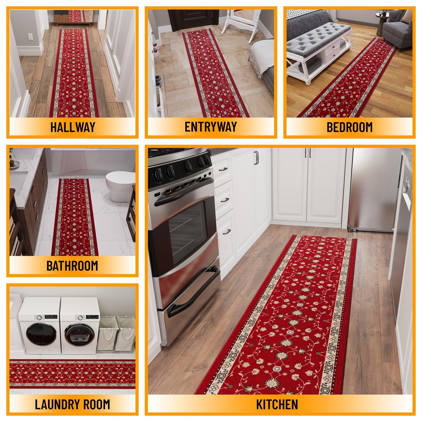Ottomanson Aisle Runner Rug 1'10.5" x 20' – Soft Non-Slip Rug, Low Pile Carpet for Hallways, Events, Churches & Extra-Long Indoor Spaces, Mahal Red