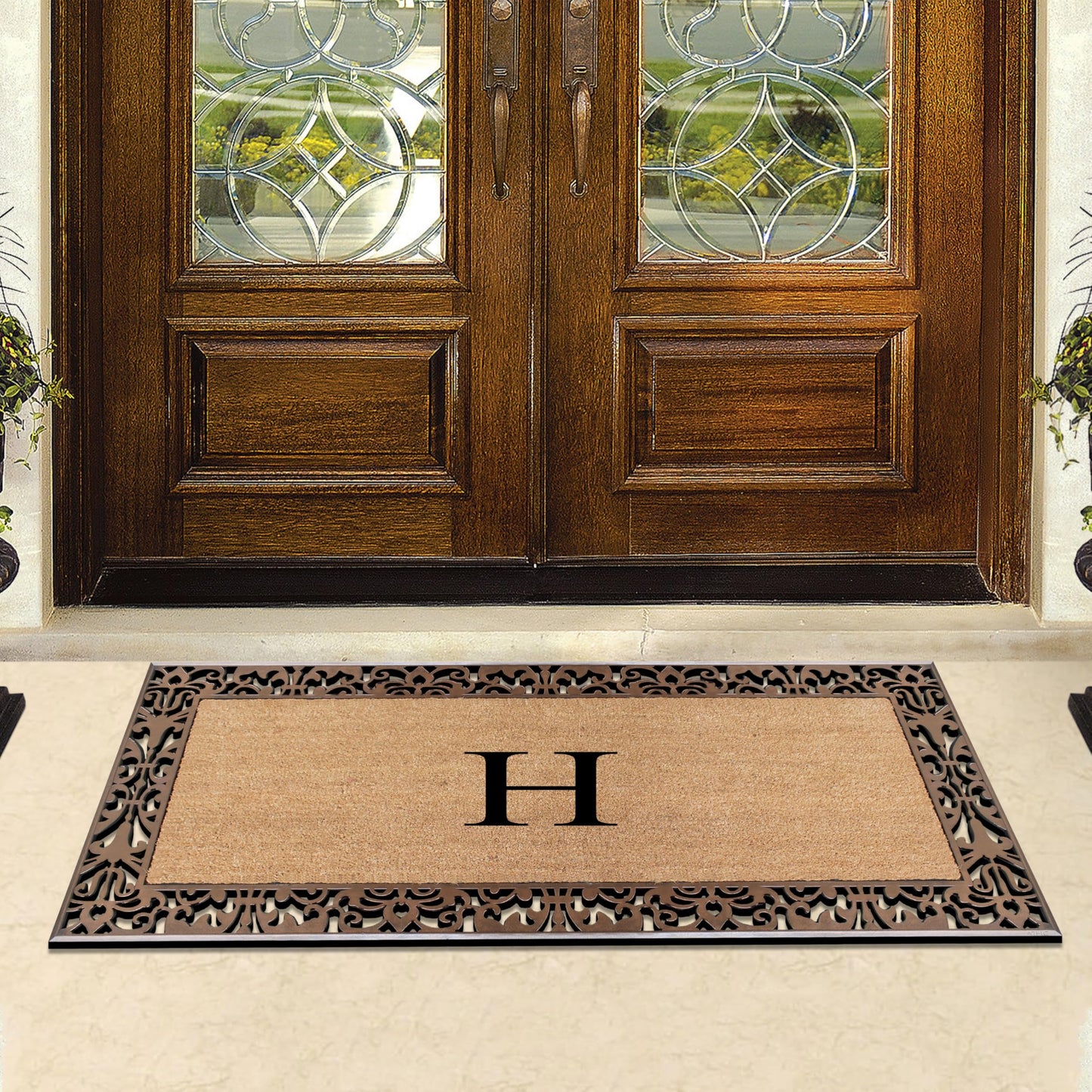 A1HC Natural Coir Doormat for Outside Entrance, Anti-Shed Treated Front Door Mat 30" x 60", Long Lasting Front Porch Entry Matt Monogrammed - H (Plain Bronze)