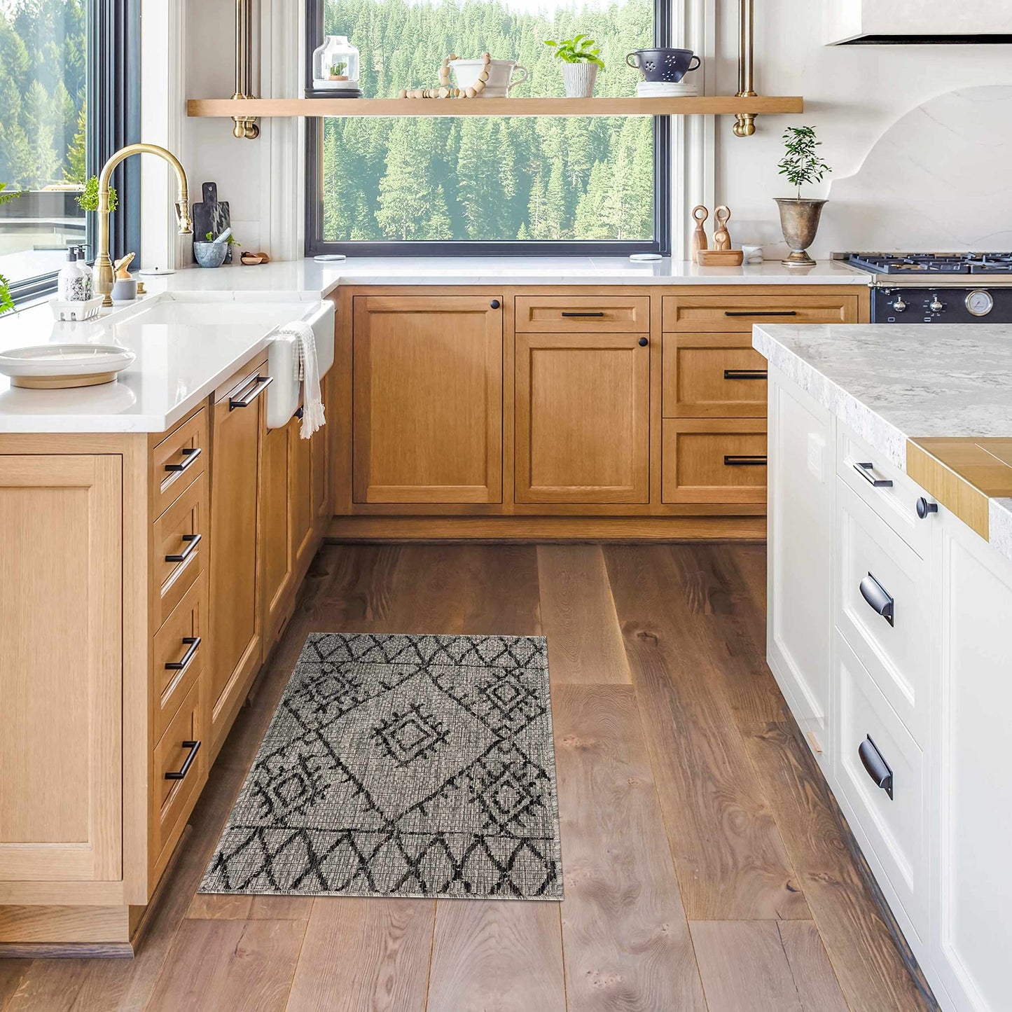 BoutiqueRugs Indoor/Outdoor Black Diamond 12ft Runner Rug Bohemian Taupe White Charcoal Tribal Trellis Marwood Hallway Kitchen Corridor Stairway Laundry Room 2'7" x 12' Stain Resistant Non-Shedding
