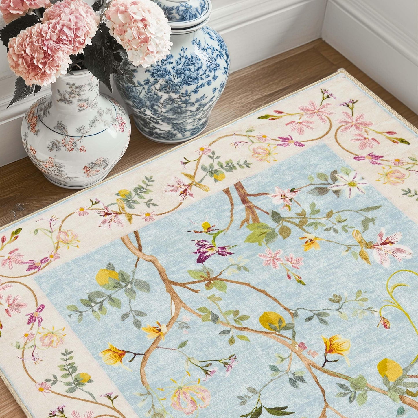 jinchan Floraison Floral Runner Rug 2x5 Machine Washable Kitchen Runner Non Slip Soft Low Pile Hallway Rug Boho Stain Resistant Carpet for Laundry Living Room Bedroom Blue/Pink