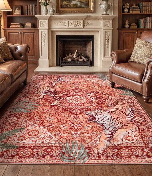 chakme Tiger Area Rug 5x7 Vintage Boho Area Rug for Living Room Soft Non Slip Washable Rug Stain Resistant Indoor Botanical Animal Carpet for Bedroom, Dining Room, Office, Terracotta