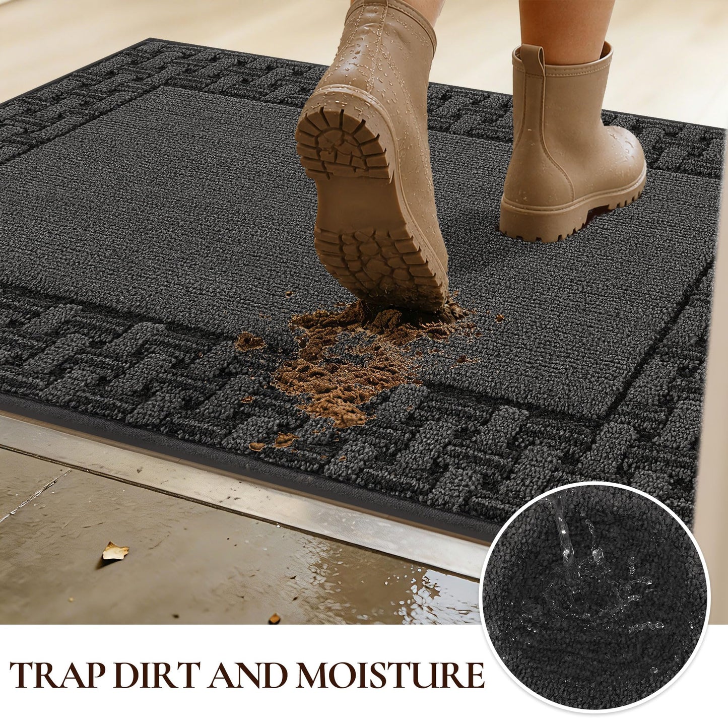FLOORHUG Door Mat 20 x 32 in, Non Slip Washable Entryway Rugs with TPR Backing, Absorbent Dirt Trapping Low Profile Front Door Mat for Shoes and Dog Paws, Dark Grey
