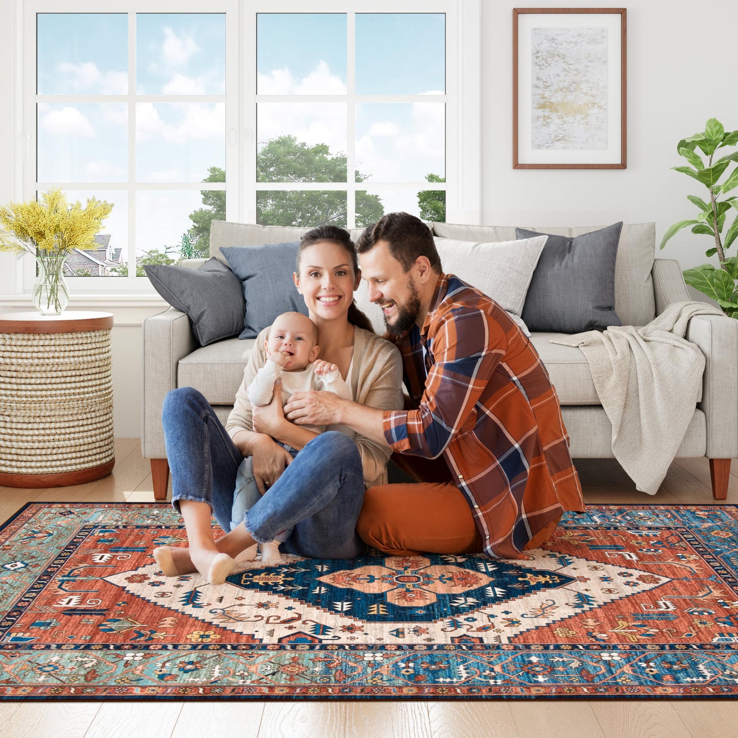 Lahome Area Rugs 9x12 Living Room - Boho Non-Slip Washable Rug Ultra-Thin Stain Resistant Large Carpet Throw Non Shedding Dining Room Mat, Oriental Print Carpet for Bedroom Adelyn (Rust, 9'x12')