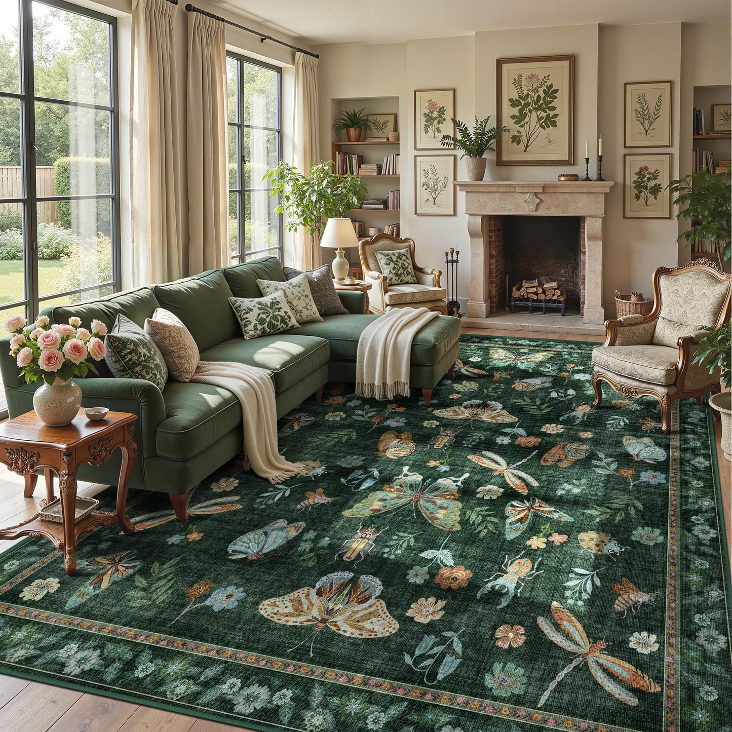 AIMPEAK Insect Washable Rugs 8x10 Dark Green, Soft Butterfly 8x10 Area Rugs for Living Room Indoor, Non Slip Bug Bedroom Rug Under Bed Thin Large Carpet with Flowers for Dining Room Office Playroom