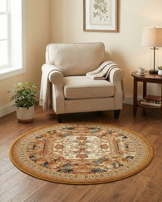 Rugs.com - Outdoor Traditional Rug – 3 Ft Round Black Gold Brown Indoor/Outdoor Rug – Weather-Resistant Flatweave for Patio, Deck, and Porch