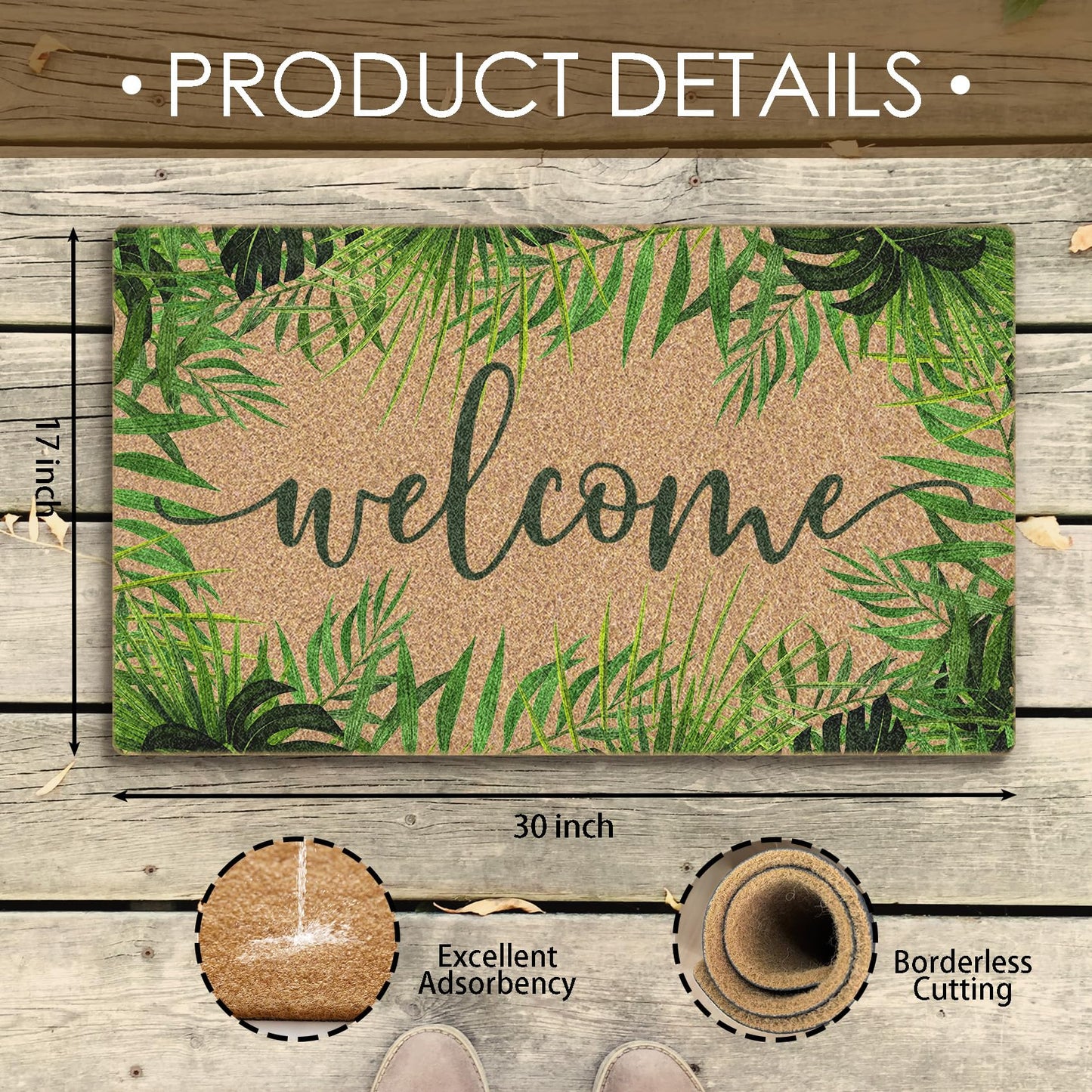 BitKAM Tropical Green Botanical Coco Coir Doormat Door Welcome Mat for Home Entrance Front Door, Summer Fern Monstera Leaf Welcome Floor Mats for Outdoor Outside Entryway 30x17 Inch