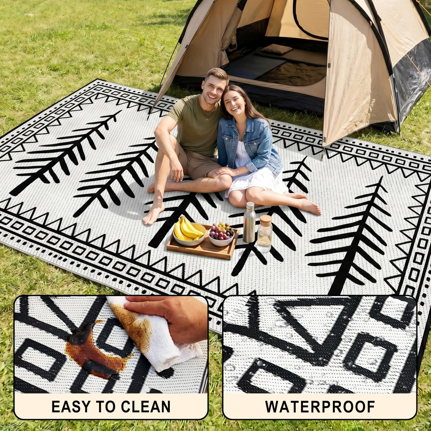 CircleRoad RV Outdoor Rug 9x12 Waterproof Patio Rug Mat with 4 Stakes UV Resistant Reverisble Plastic Straw Outdoor Rug with Carry Bag for RV Camping Picnic Beach