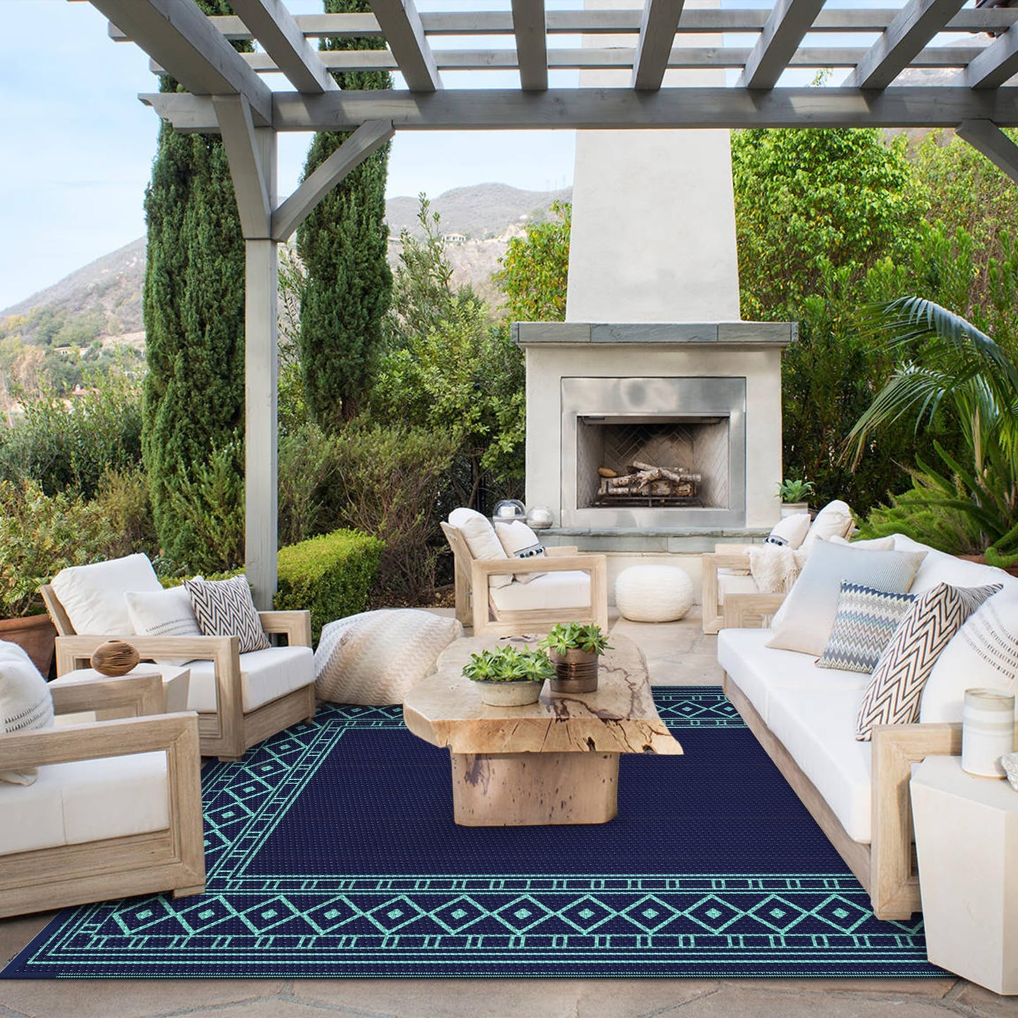 GENIMO Outdoor Rug Waterproof 5'x8' for Patio, Foldable Reversible Plastic Straw Carpet for Travel Trailers, Outside Area Mat for Rv, Deck, Picnic, Porch, Balcony, Beach, Navy Blue & Jade Green