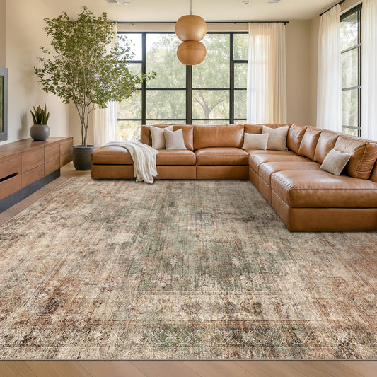 Hazo Haus Farmhouse Floor Rugs for Living Room - Brown and Green Dining Room Area Rugs 8x10 for Bedroom, Washable, Soft, Lightweight & Stain Resistance, Neutral Dark Vintage Medallion Decor