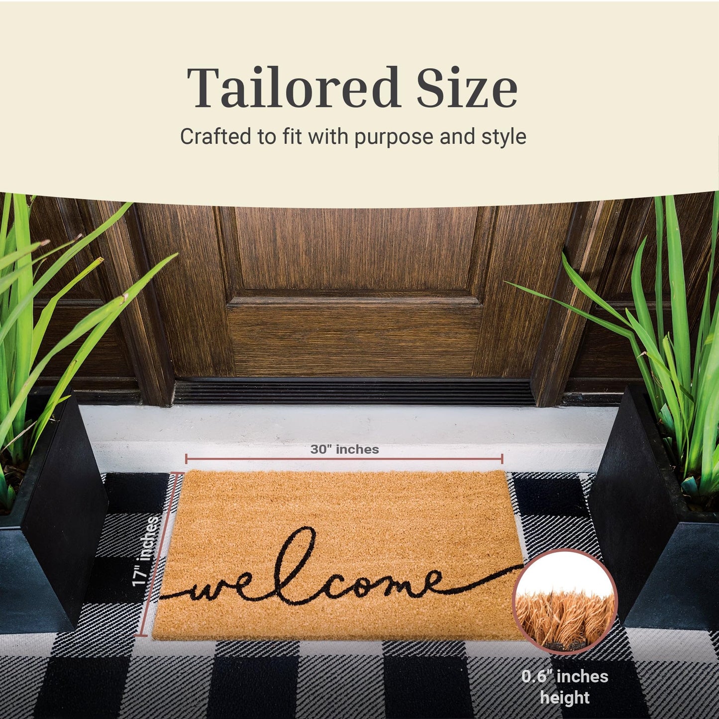 Natural Coir Doormat - Script Welcome Mat, Non-Slip - Tufted Design - 17x30