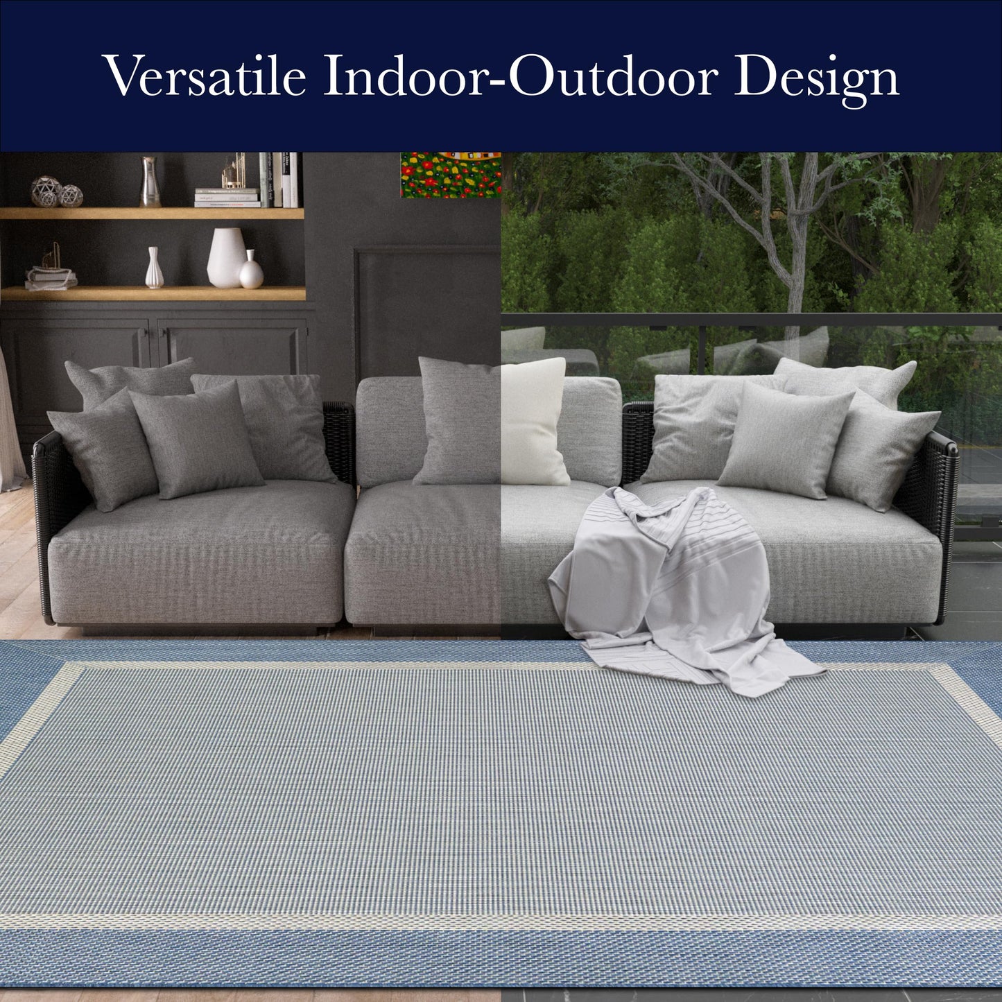 Couristan Recife Indoor Outdoor Rug - Stria Texture 7'6" x 10'9" Rectangle in Ivory and Blue, Hose Washable, Low Pile, Pet- Kid Friendly Home Decor for Living Room, Patio Furniture Set, Kitchen