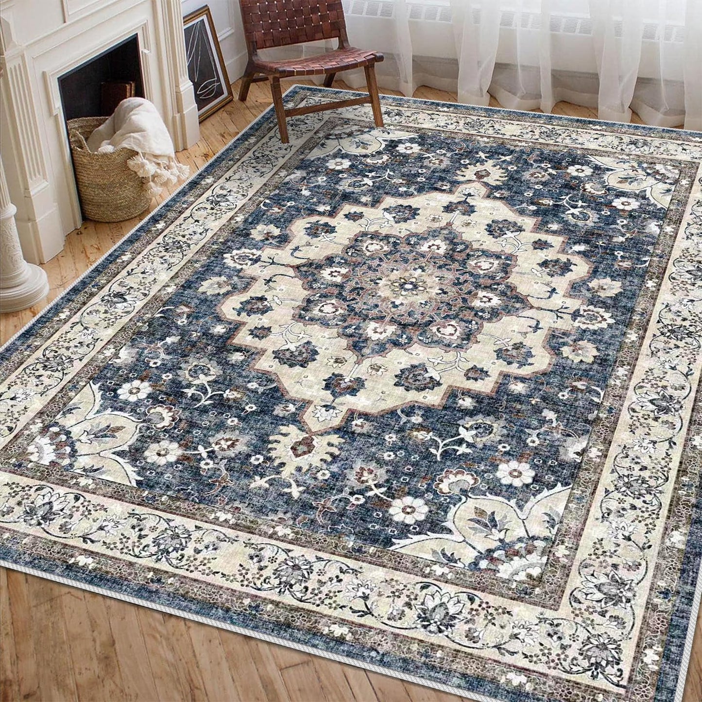 Washable 5x7 Living Room Rug: Waterproof Stain Resistant Medallion Soft Bedroom Rugs Distressed Design Non Shedding Carpet for Floor Coverings (5x7 Blue)