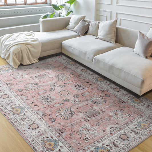 ULTSOFE 5x7 Washable Area Rug, Large Boho Rugs for Living Room, Pink Rugs for Bedroom Girls Dining Room Office, Anti Slip Low-Pile Stain Resistant Printed Vintage Floral Carpet Home Decor