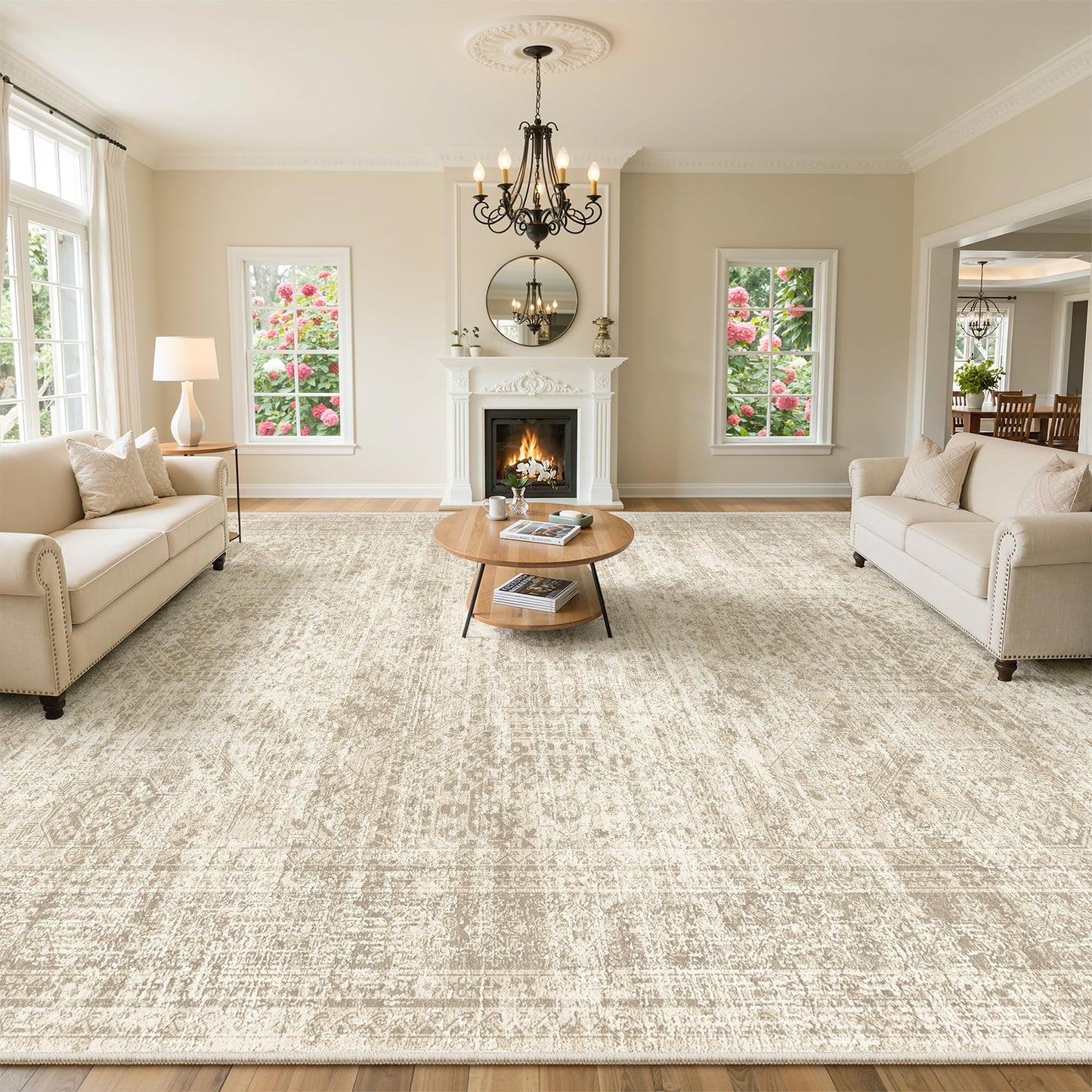 Soalmost 10x14 Area Rugs for Living Room, Non Slip Machine Washable Vintage Rugs, Low Pile Lightweight Large Rug for Bedroom, Dining Room, Home Office Beige