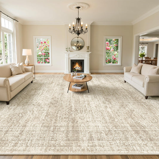 Soalmost 10x14 Area Rugs for Living Room, Non Slip Machine Washable Vintage Rugs, Low Pile Lightweight Large Rug for Bedroom, Dining Room, Home Office Beige