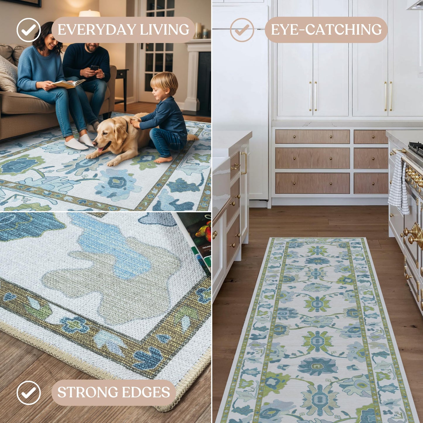 Fame Living Green Oushak Rug, Modern, Vintage, Turkish, Eclectic, Floral, Pastel, Washable, Large Area Rugs for Living Room, Dining, Bedroom, Girls, Boys, 7'5"x9'8"