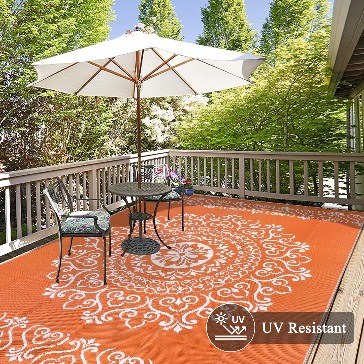 Pauwer Waterproof Outdoor Rug 8x10, Reversible Plastic Straw Patio Camping Rug, Indoor Outdoor RV Mat Carpet for Deck, Camper, Porch, Balcony, Backyard, Picnic, Floral Orange