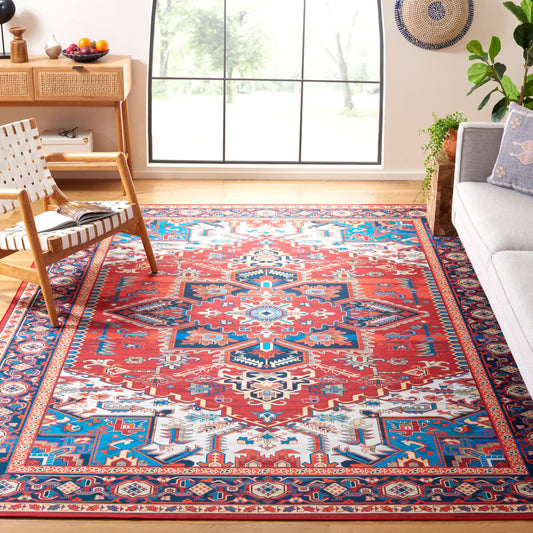 SAFAVIEH Washable Rug Tucson Collection - 8' x 10', Red & Blue, Slip Resistant & Easy to Clean, Ideal for Living Room, Bedroom, Dining Space (TSN101Q)