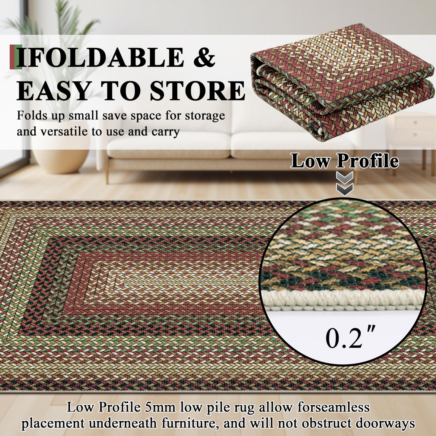 Ileading Faux Braided Area Rug 6'x9' Washable Farmhouse, No-Shed Non-Slip Woven Carpet, Pet Friendly Stain Resistant Jute Style Rug for Living Room Dining Bedroom Office