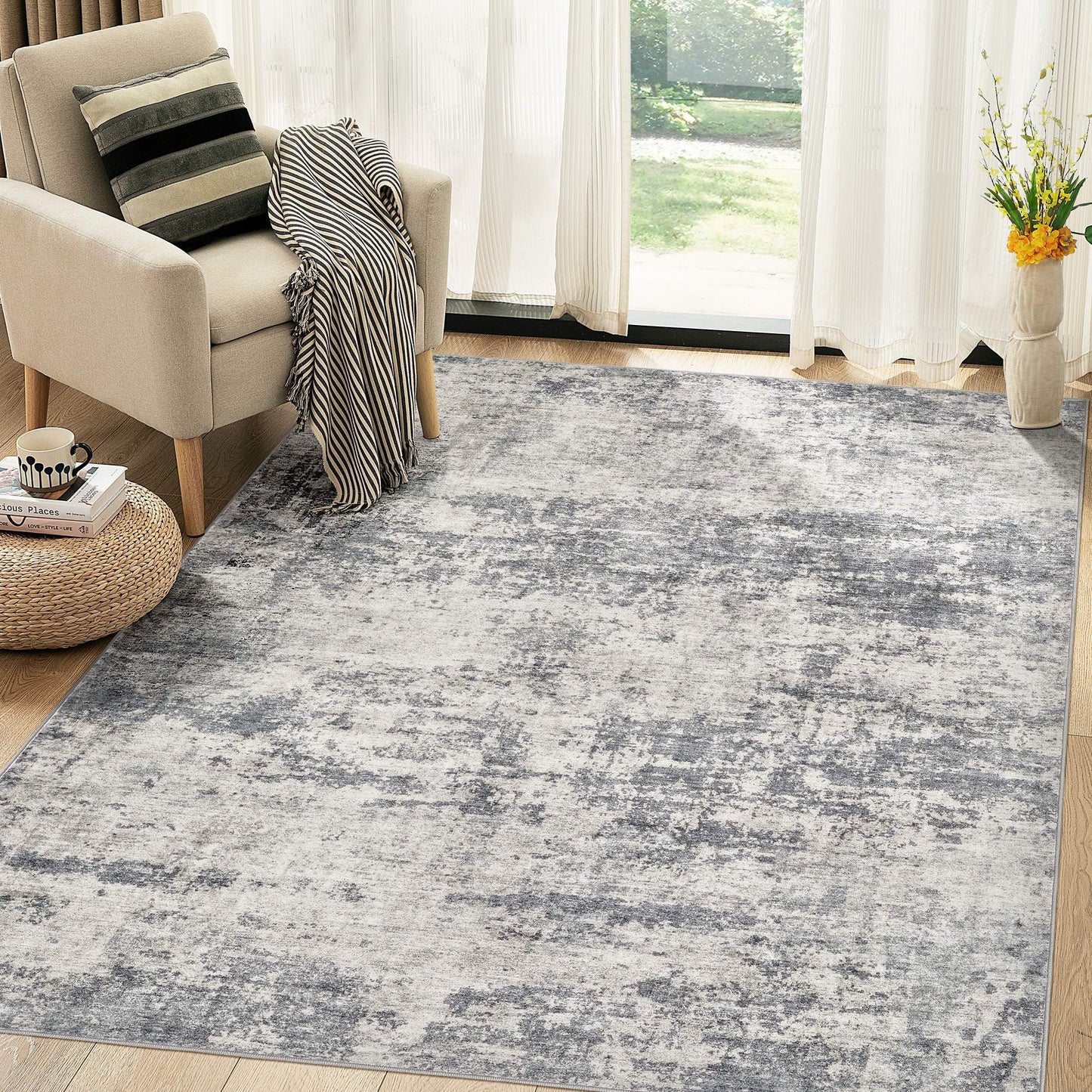 TARANCH Abstract 5x7 Area Rug: Machine Washable Non Slip Ultra Thin Low-Pile Carpet, Soft Stain Resistant for Living Room Bedroom Nursery, Kid Pet Friendly, Robot Vacuum Compatible - Dark Grey/Beige