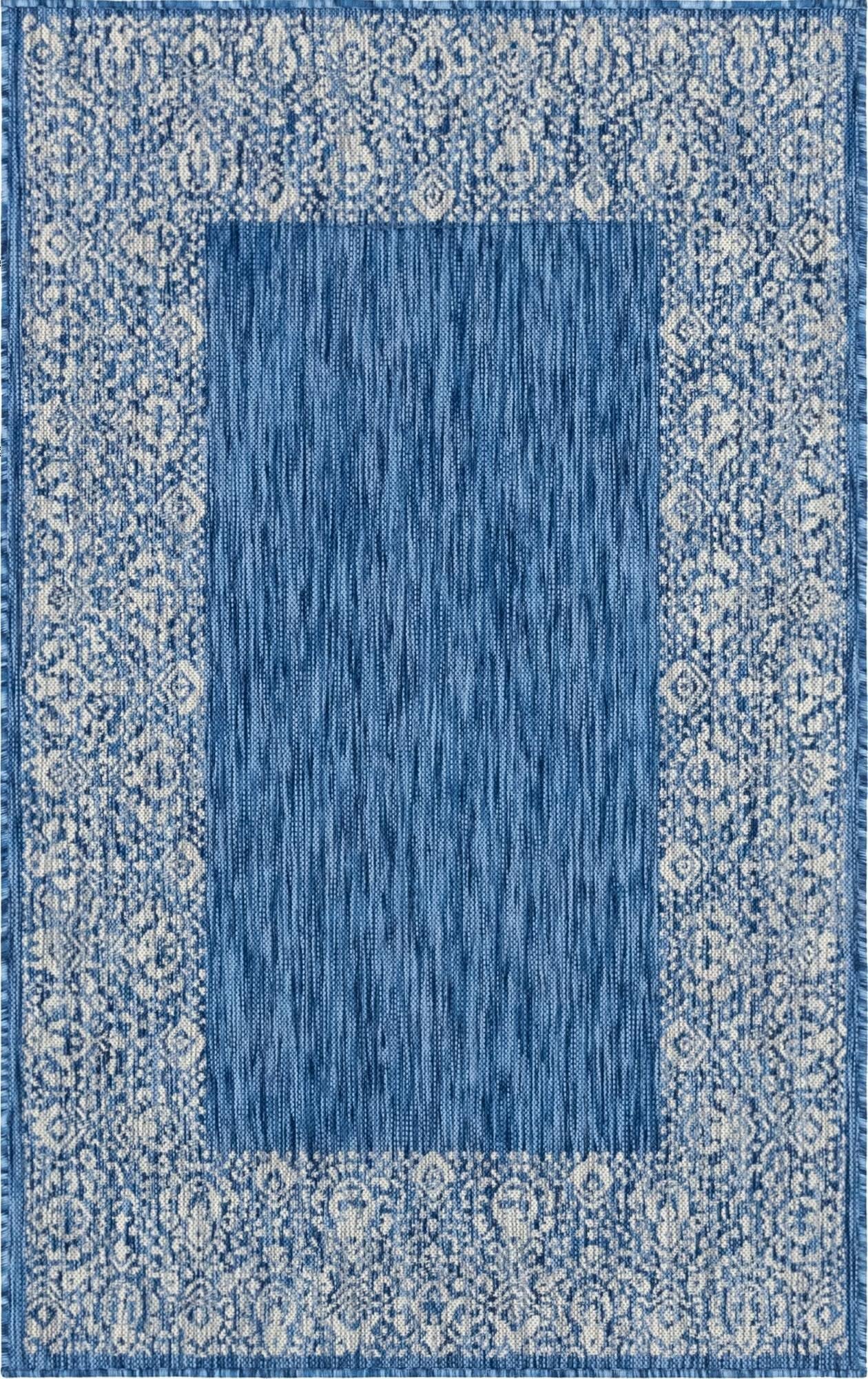 Unique Loom Outdoor Border Collection Area Rug - Floral Border (5' 1" x 8' Rectangle, Blue/ Ivory)