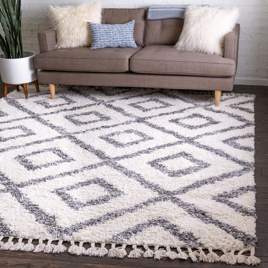 Rugs.com Athena Shag Collection Rug – 8' Square Ivory Shag Rug Perfect for Living Rooms, Kitchens, Entryways
