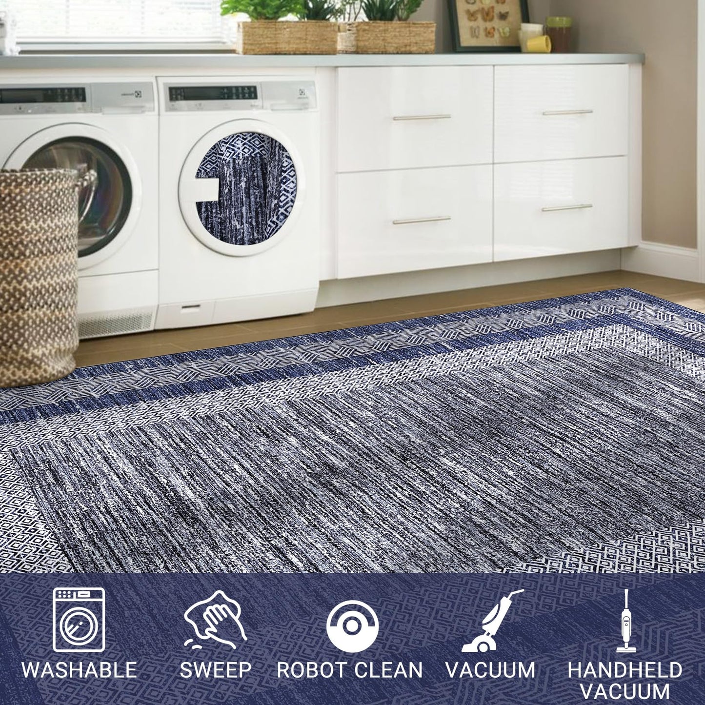 GarveeHome Modern Geometric Area Rug 5x7 Distressed Bordered Rug Washable Non Slip Floor Carpet Non Shedding Thin Rug, Soft Low Pile Rug, Contemporary Blue Rug for Dining Room, Living Room