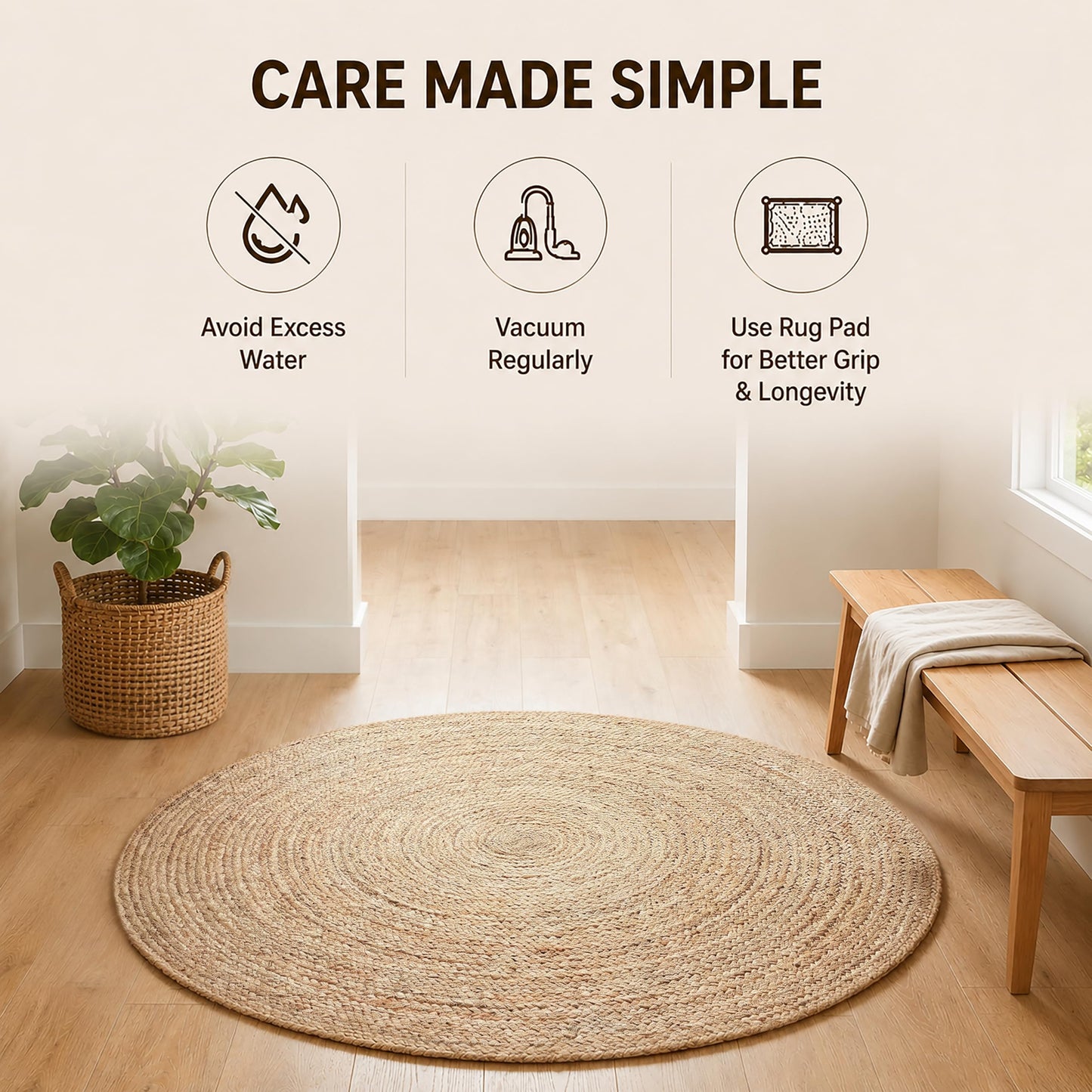 Jute Braided Area Rug, Natural - 4 Feet Round, Boho Neutral Rattan Circle Hand Woven Rugs for Living Room, Bedroom, Nursery, Kitchen, Indoor Use | Farmhouse Rustic Patio Floor Mat for Home Décor