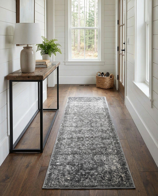 Rugs.com Oregon Collection Rug – 8 Ft Runner Gray Low-Pile Rug Perfect for Hallways, Entryways