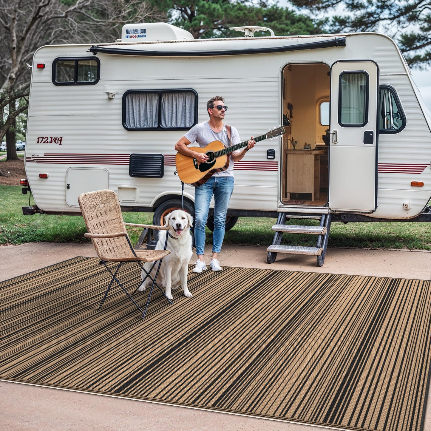 GENIMO Outdoor Rug for Patio Clearance, 5'x8' Reversible Plastic Straw Rugs, Lightweight Waterproof RV Camping Mat for Camper, Balcony, Deck, Backyard, Picnic, BlackBrown