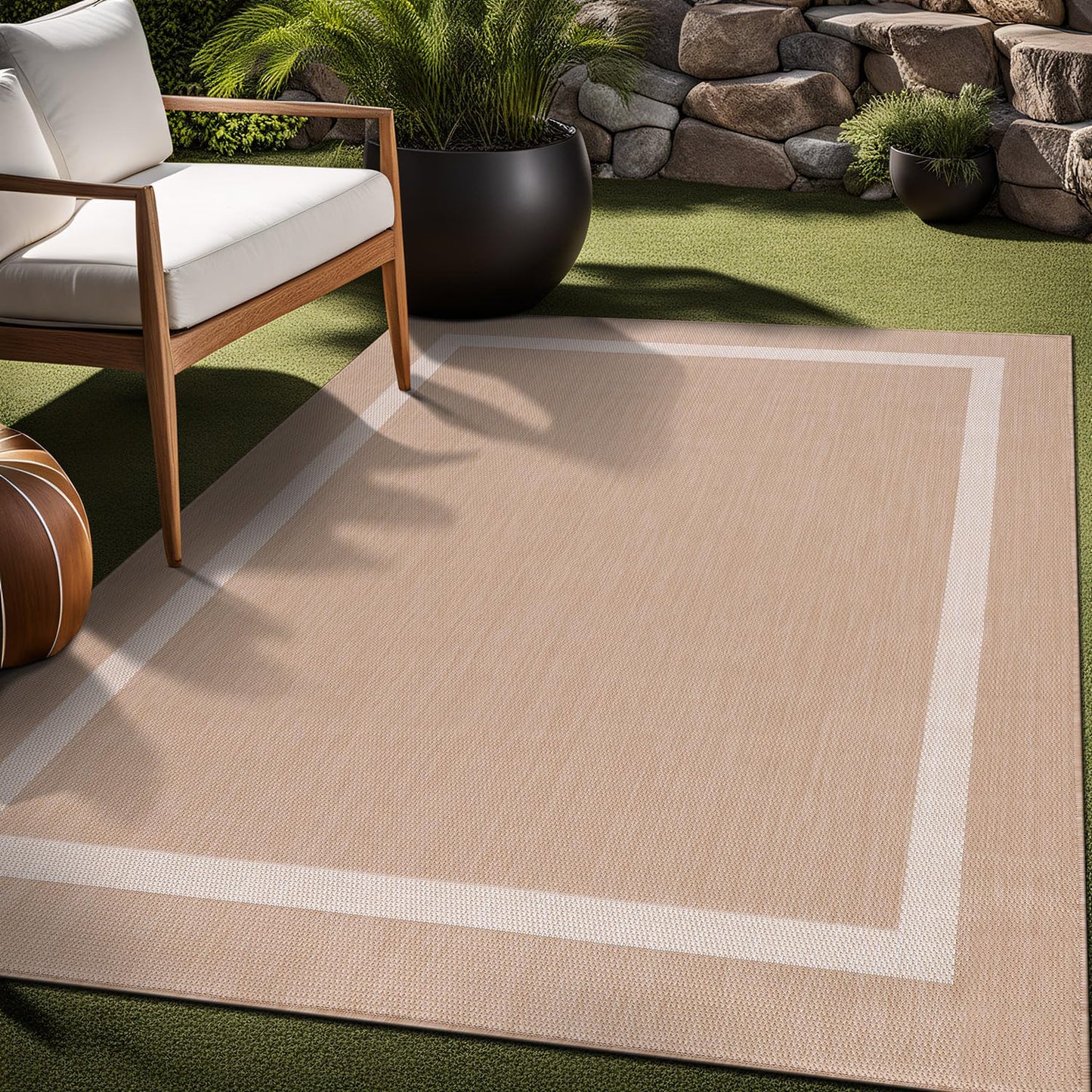 Luul Home Bordered Outdoor Rug 9x12 Washable Outside Carpet for Indoor Patio Porch Waterproof Easy Cleaning Non Shedding Area Rugs Beige 9 x 12