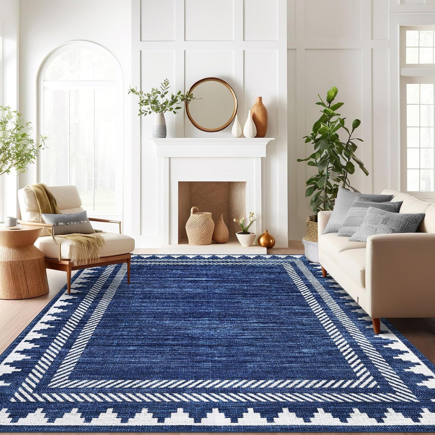 Garvee Washable 9x12 Area Rug Modern Solid Living Room Rug, Large Bordered Rugs for Bedroom Neutral Carpet 9 x 12 Rugs for Farmhouse Dining Room Non-Slip Stain Resistant Under Table Blue Rug