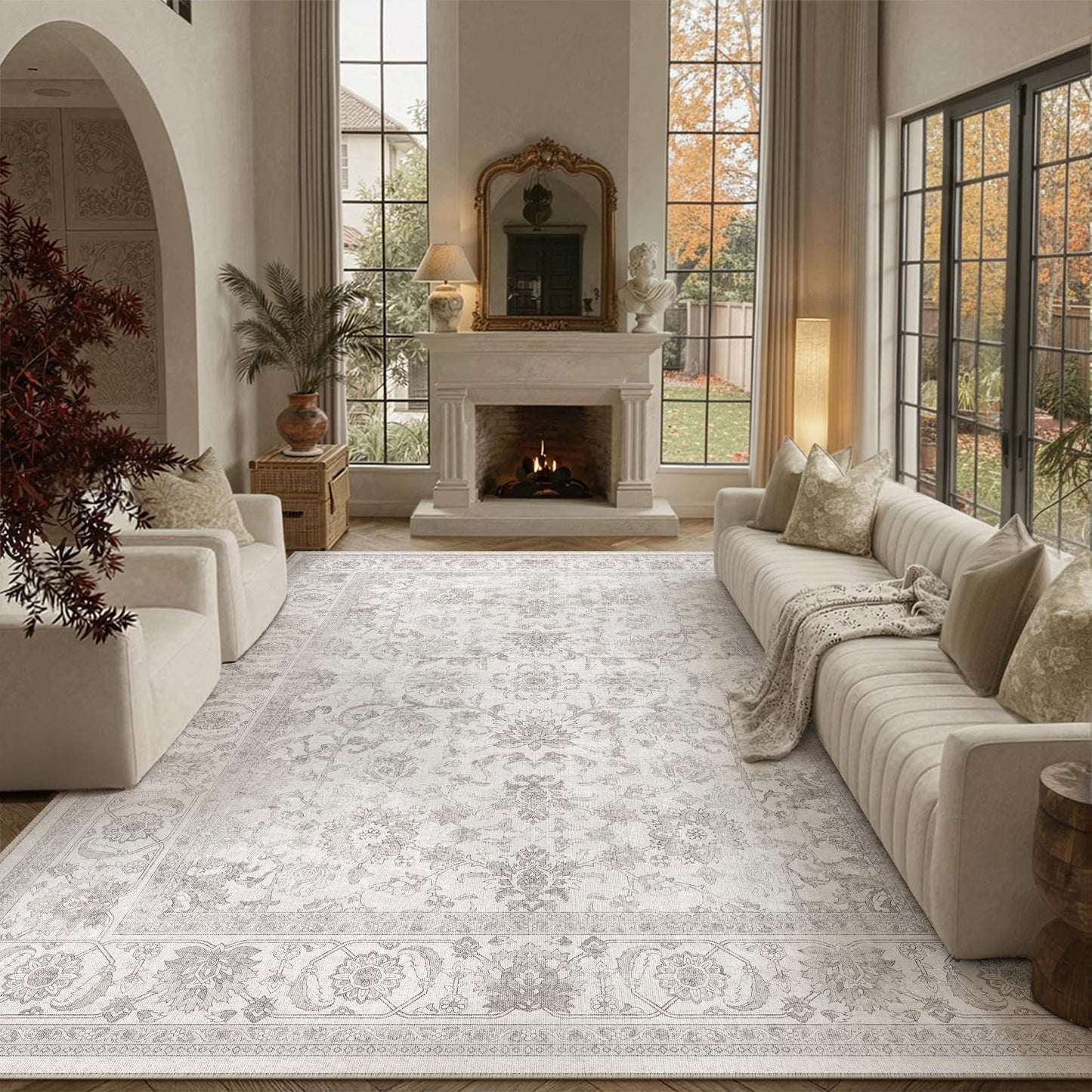 PureCozy 8x10 Gray Living Room Area Rug Vintage Washable Non Slip Indoor Carpet Distressed Low Pile Soft Retro Accent Throw Grey Large Rug for Bedroom Dining Room Office