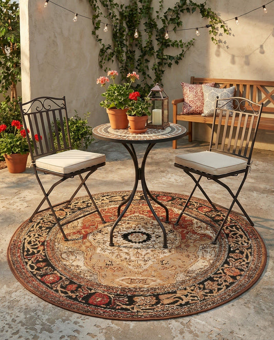 Rugs.com - Outdoor Traditional Rug – 4 Ft Round Multi Indoor/Outdoor Rug – Weather-Resistant Flatweave for Patios, Decks, and Porches