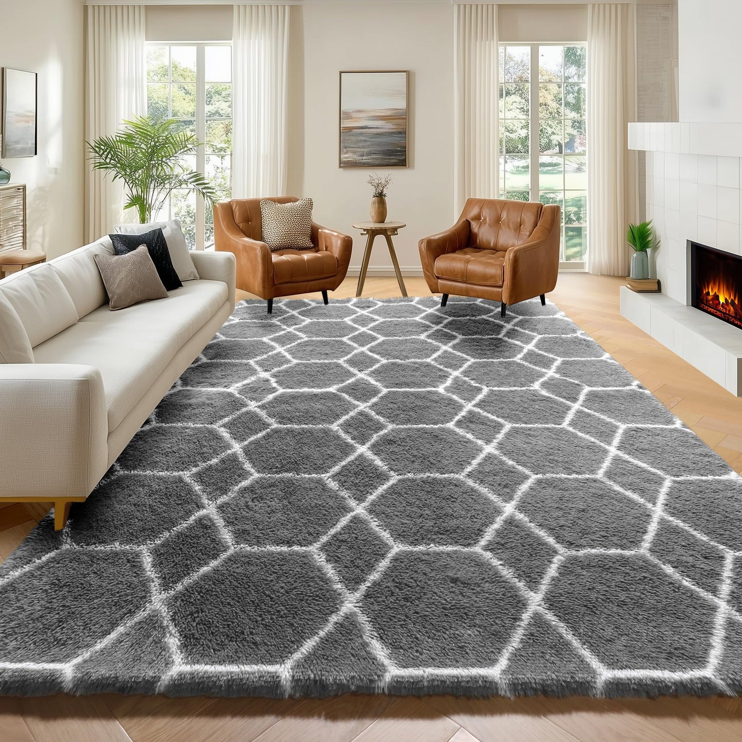 ONASAR 6x9 Area Rugs for Living Room Bedroom, Large Fluffy Grey and White Throw Rug, Geometric Soft Plush Shaggy Floor Carpet for Nursery Kids Girls Boys Teen Dorm Home Decor Aesthetic