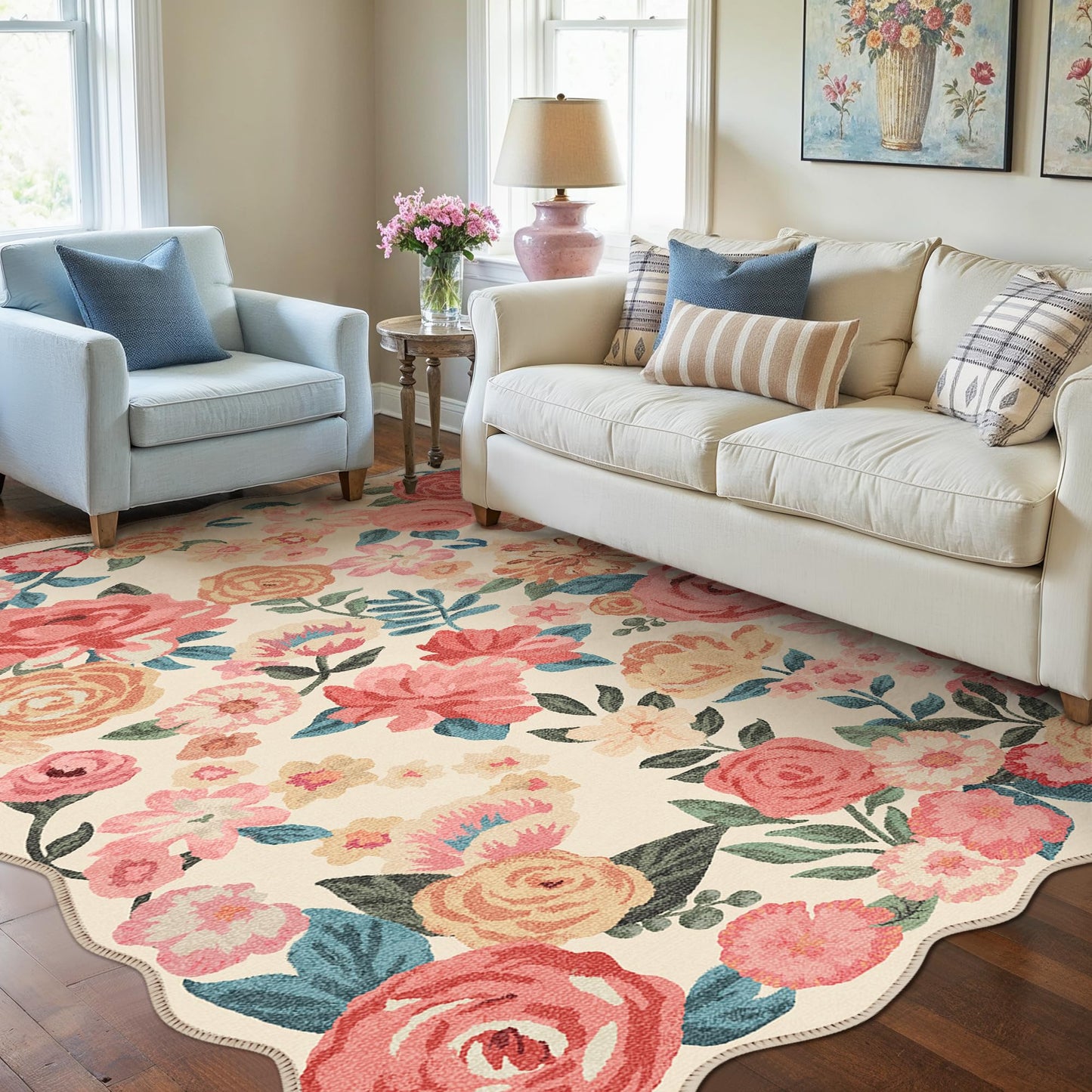 PureCozy Washable Floral Area Rug 4x6 Beige Office Carpet Scalloped Flower Non Slip Soft Living Room Rug Farmhouse Low Pile Thin Indoor Floor Cover for Bathroom Bedroom Kitchen Laundry Dining Room