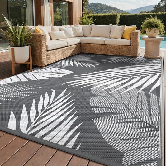 GENIMO Outdoor Rug 8' x 10' Waterproof for Patios Clearance, Reversible Plastic Straw Camping Rug Carpet, Large Area Rugs Mats for RV, Picnic, Backyard, Deck, Balcony, Porch, Beach, Grey&White