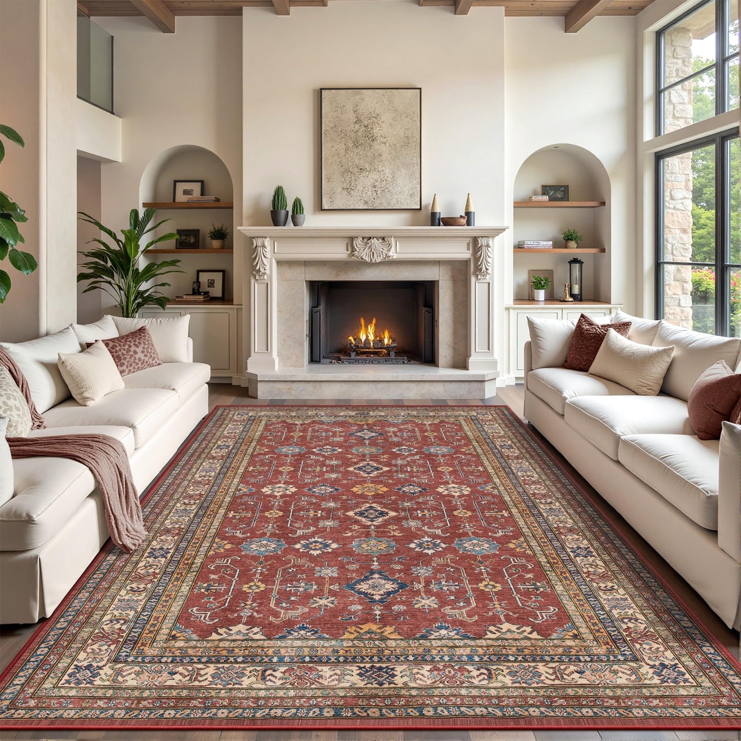 Rugland 8x10 Area Rugs - Stain Resistant Washable Area Rug, Anti Slip Backing Rugs for Living Room, Bedroom Vintage Tribal Area Rugs (8x10, Burgundy)