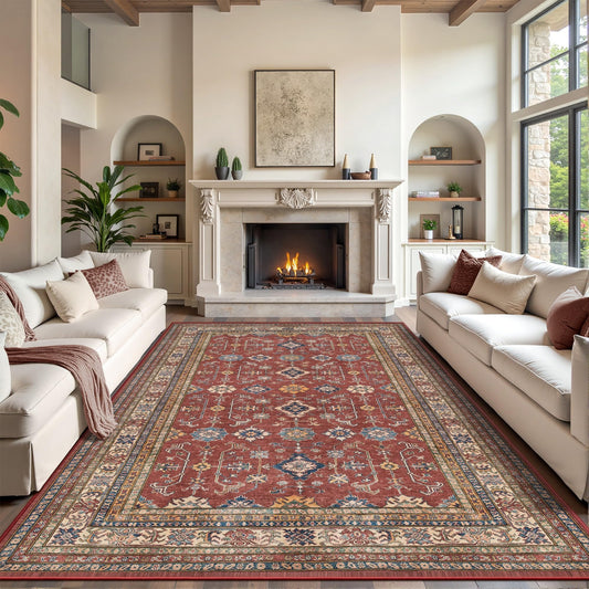 Rugland 8x10 Area Rugs - Stain Resistant Washable Area Rug, Anti Slip Backing Rugs for Living Room, Bedroom Vintage Tribal Area Rugs (8x10, Burgundy)