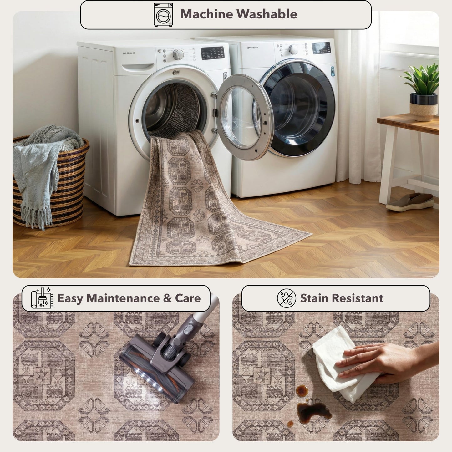 Kuden 9x12 Large Area Rug, Machine Washable Area Rug with Non-Slip Backing, Vintage Style, Soft, Easy Clean, Low Pile Rug for Living Room, Bedroom, Dining Room