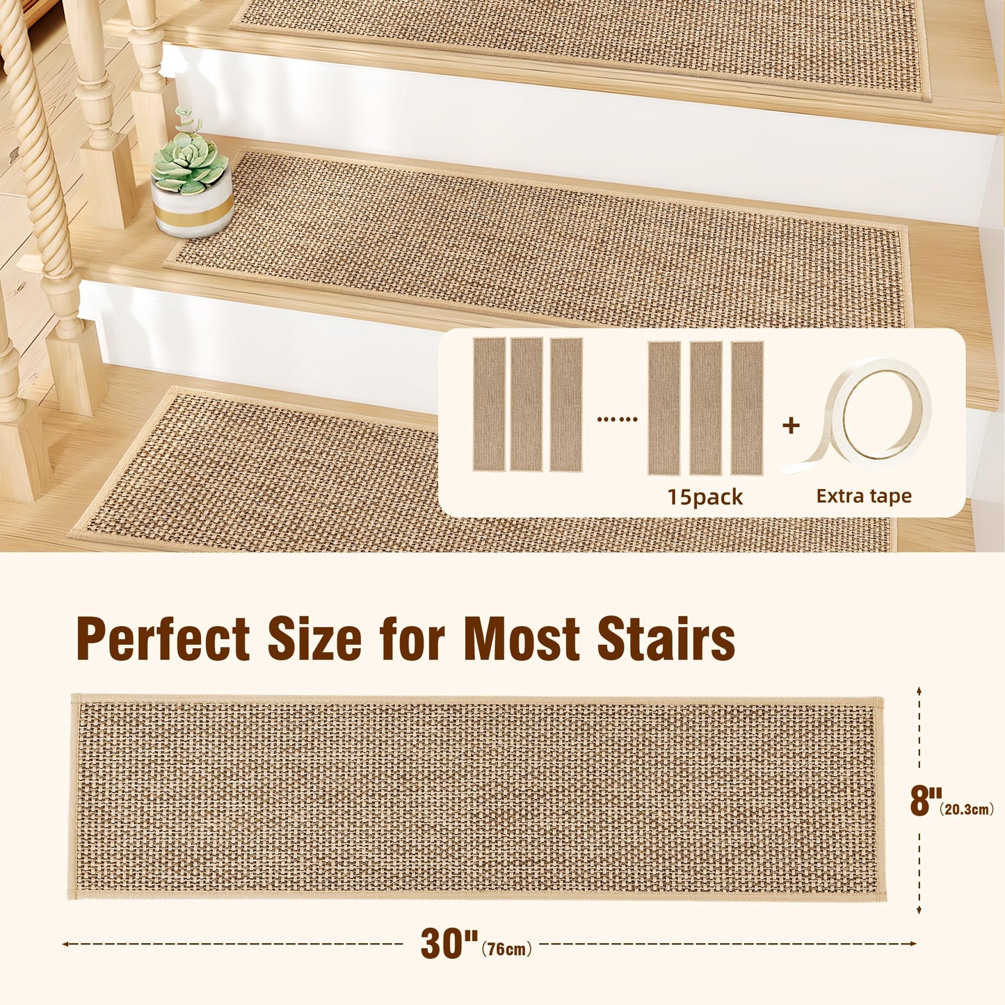 Deerly Linen Stair Treads Non Slip 15pcs Stair Runner for Wooden Steps Peel and Stick Carpet Treads Indoor Staircase Covers Mat with Self-Adhesive Backing for Pets and Kids 8"X30" Beige