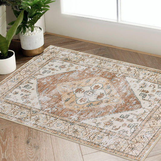 Beeiva Boho Throw 2X3 Entryway Rug, Small Rugs for Bedroom Ultra Thin Non Slip Washable, Small Khaki Carpet Lightweight Indoor Door Mats for Entryway Bedroom