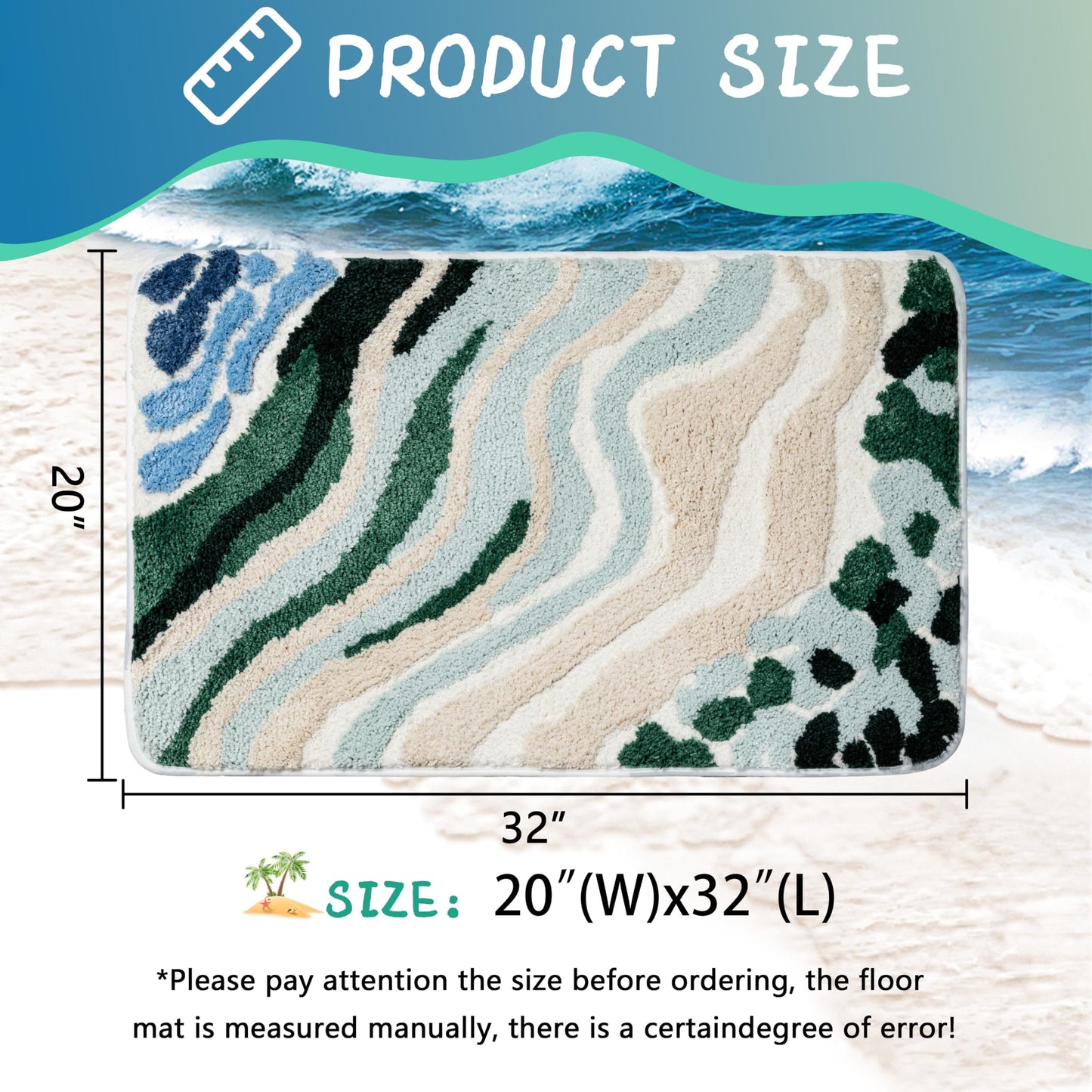 Cevolyn Blue Green Beach Bathroom Rug, Non-Slip Ultra Soft Microfiber Cute Coastal Bath Mat, Absorbent 3D Tufted Ocean Wave Decor for Floor, Shower, Tub, Machine Washable, 20"x32"